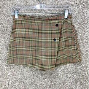 Blue Blush Plaid Wrap Front Mini Skort Womens S Tan Brown Dark Academia Preppy
